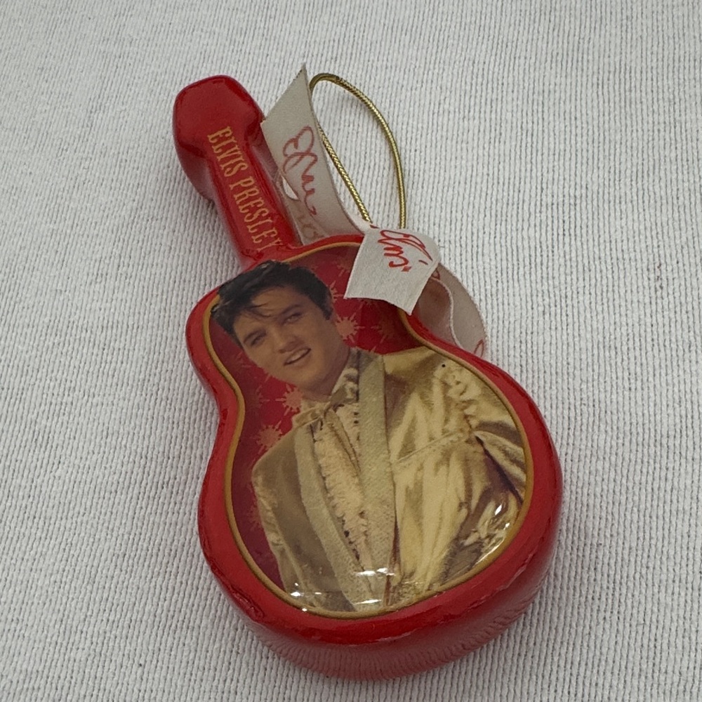 Elvis Presley 2008 Red Guitar Ornament with Elvis ribbon 1” x 2.5” x 5” (mlb)